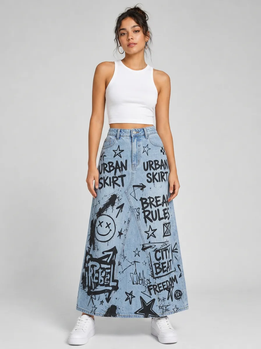 Women's Streetwear Graffiti Star Printed Denim Maxi Skirt