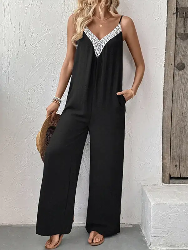 Sleeveless Casual Lace Stitching Suspenders Wide Jumpsuit