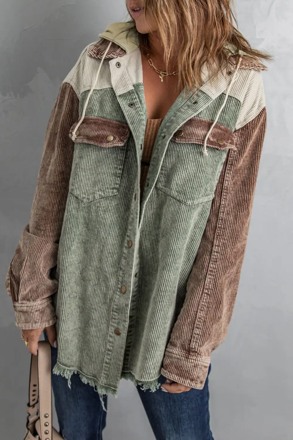 Corduroy Button Front Hooded Jacket