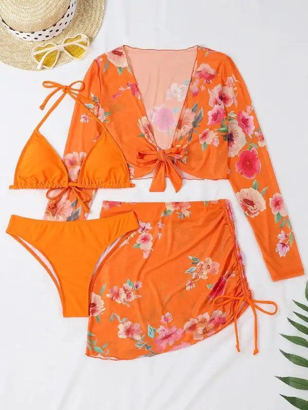 Drawstring Long Sleeve Bikini Swim Set