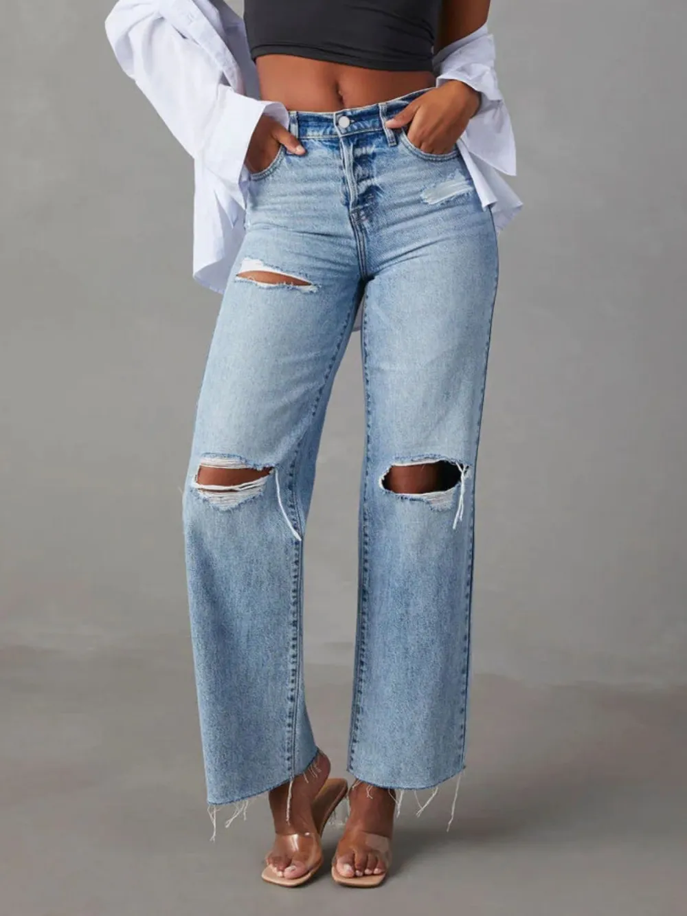 Distressed Washed Pocketed Stretch Straight Leg Jeans
