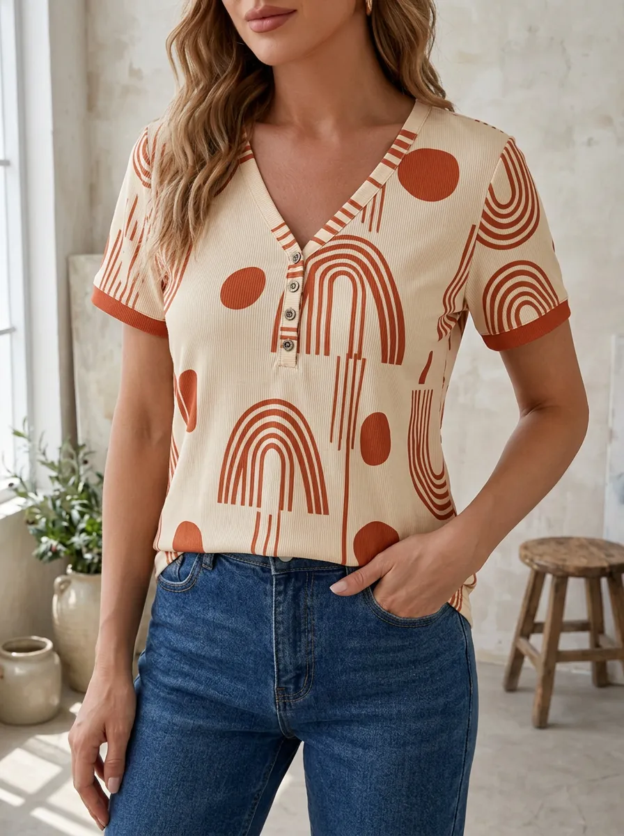 Women's Boho Abstract Rainbow Printed V-Neck Button T-Shirt