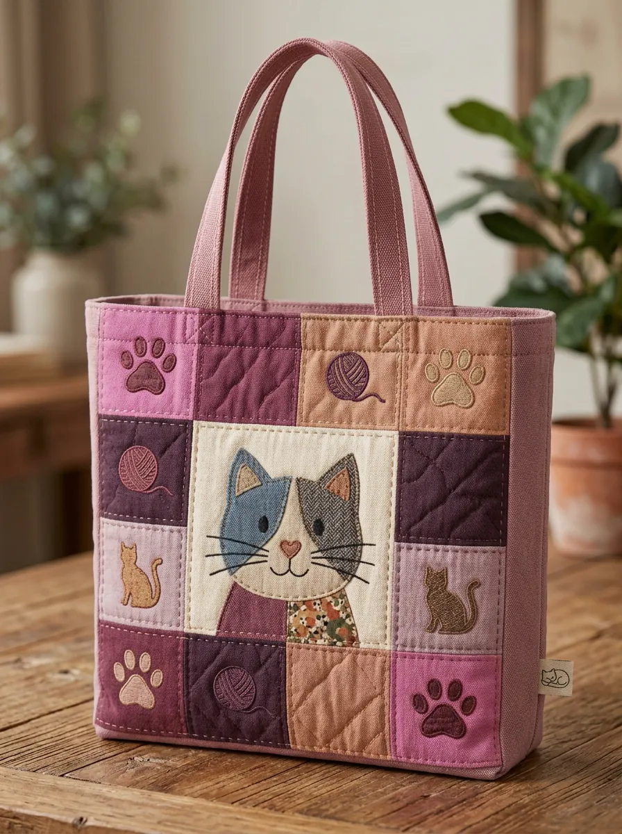 Cat Lover Patchwork Quilt Style Printed Tote Bag