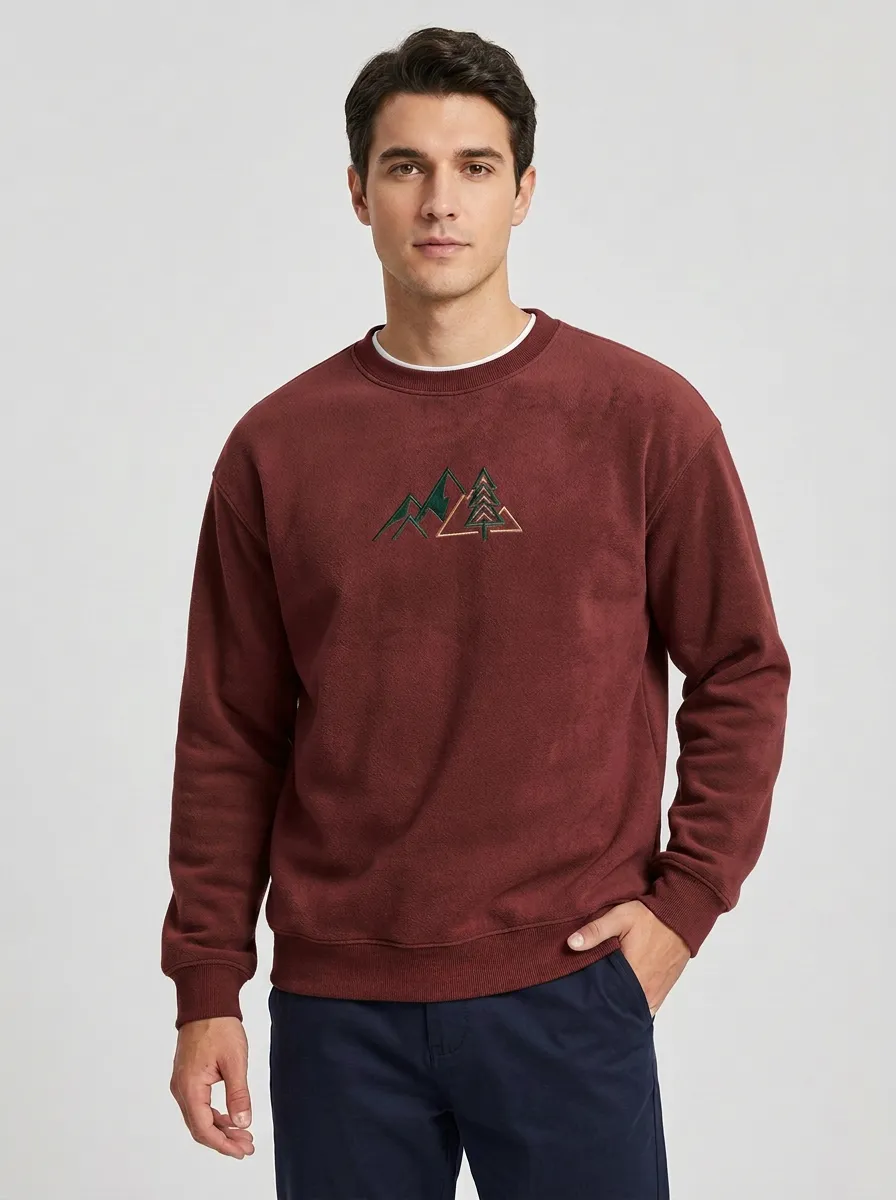Men's Olive Green Outdoor Mountain Pine Tree Fleece Sweatshirt