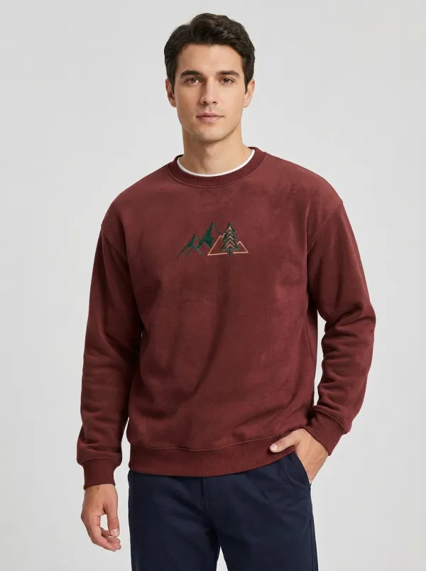 Men's Olive Green Outdoor Mountain Pine Tree Fleece Sweatshirt