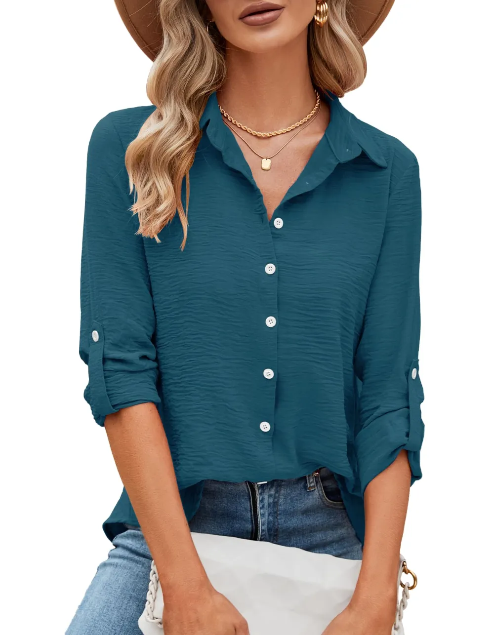 Women's Crinkled Roll-Tab Button Front Blouse