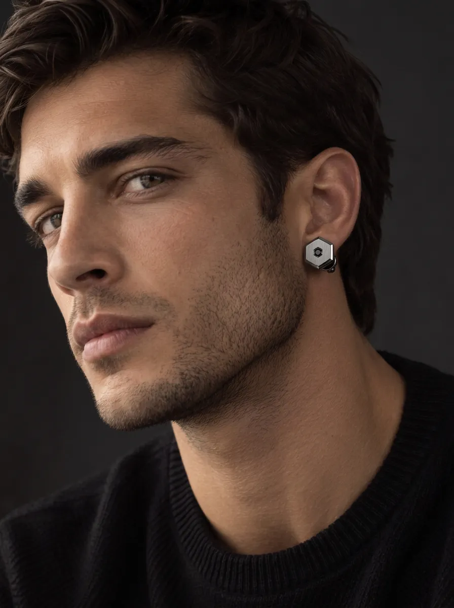 Men's Refined Geometric Hexagon Stone Stud Earrings