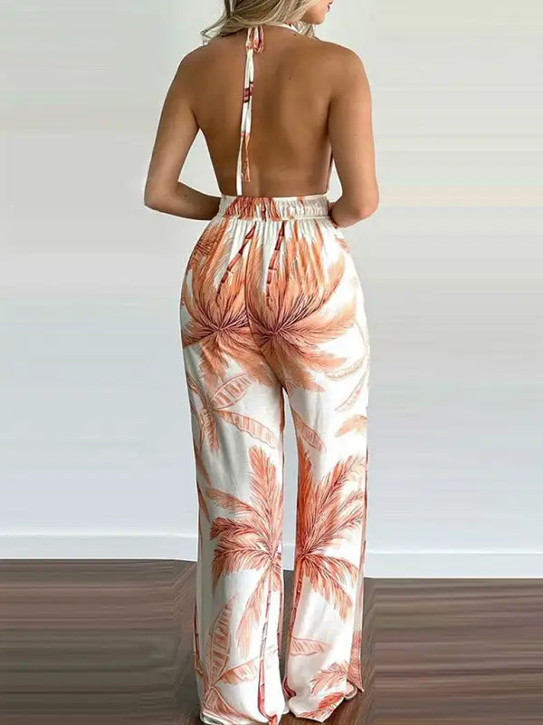 Irregular Printed Halter Neck Jumpsuit