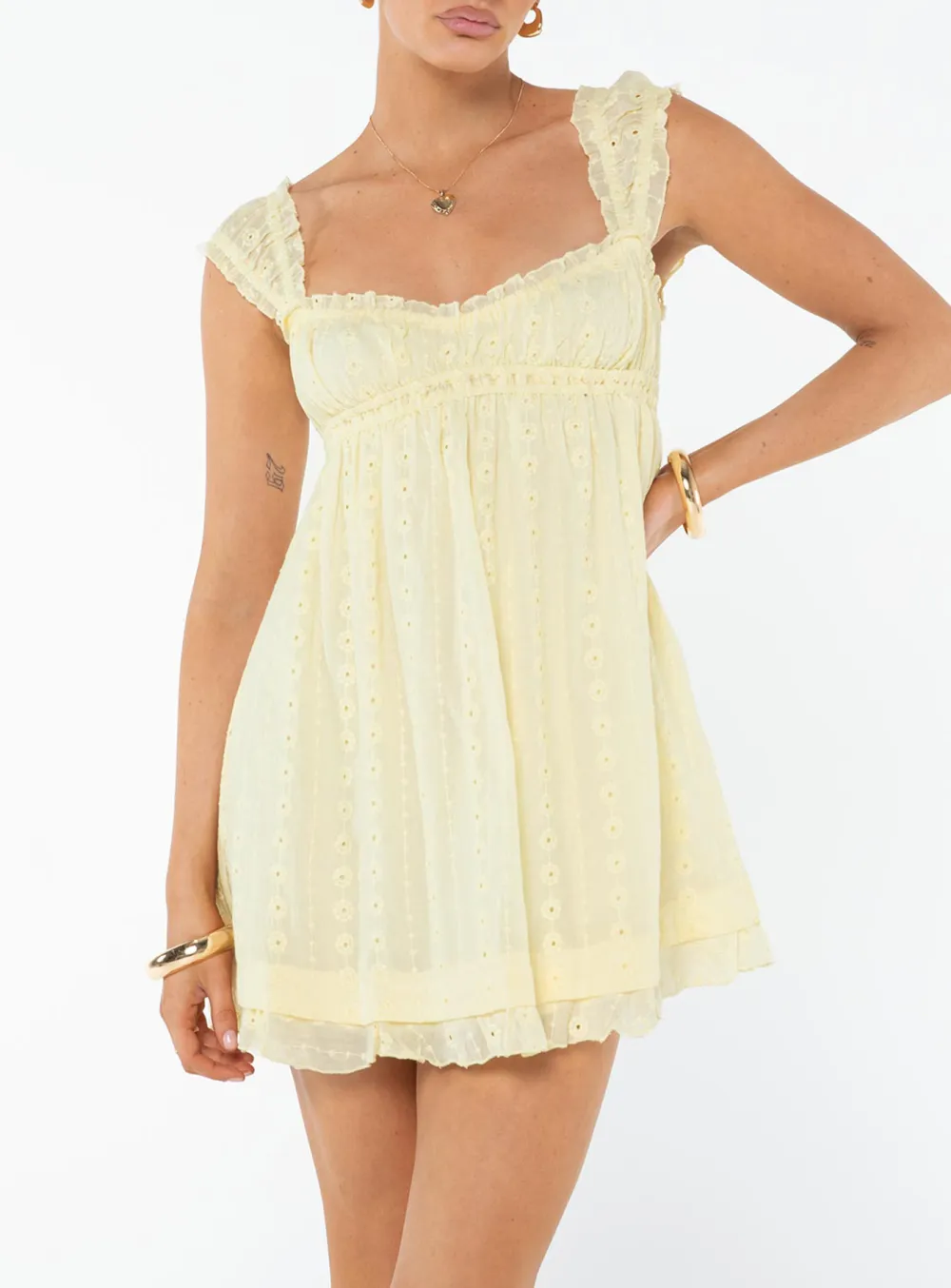 Yellow Square Neck Lace Trimmed Mini Dress