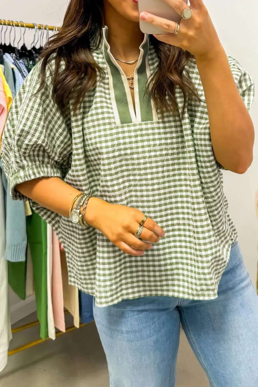 Plaid Sleeve Trim Neck Blouse