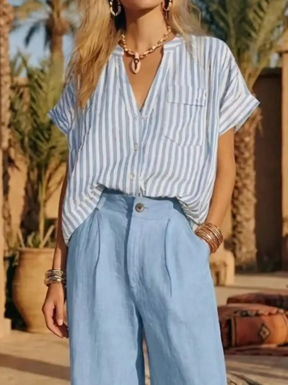 Full Size Striped Button Up Shirt and Pants Set