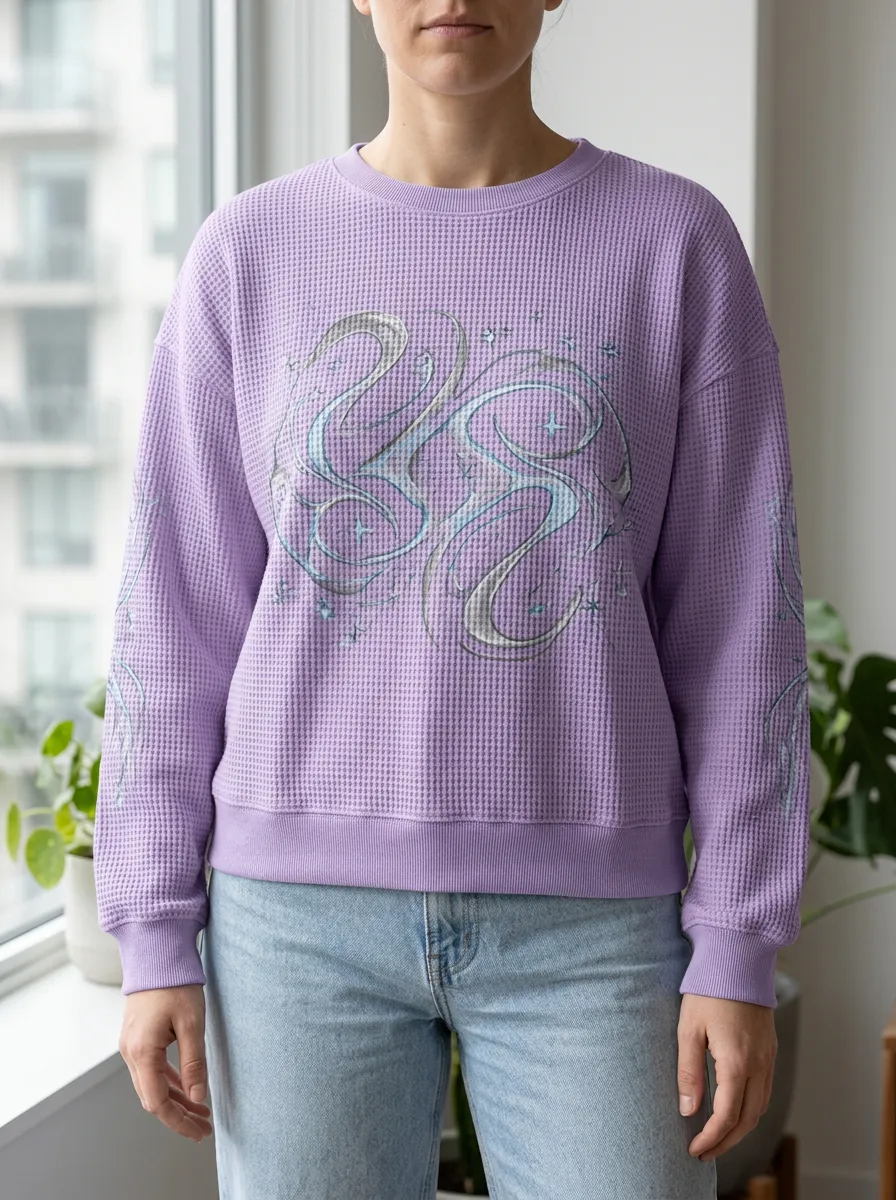 Women's Celestial Swirl Graphic Printed Waffle Knit Crewneck Sweatshirt