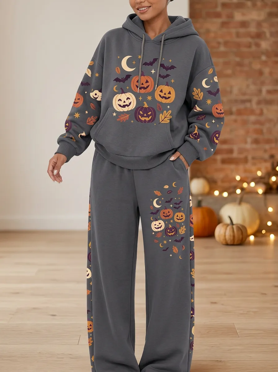Women's Halloween Pumpkin Bat Moon Printed Hoodie Pants Set