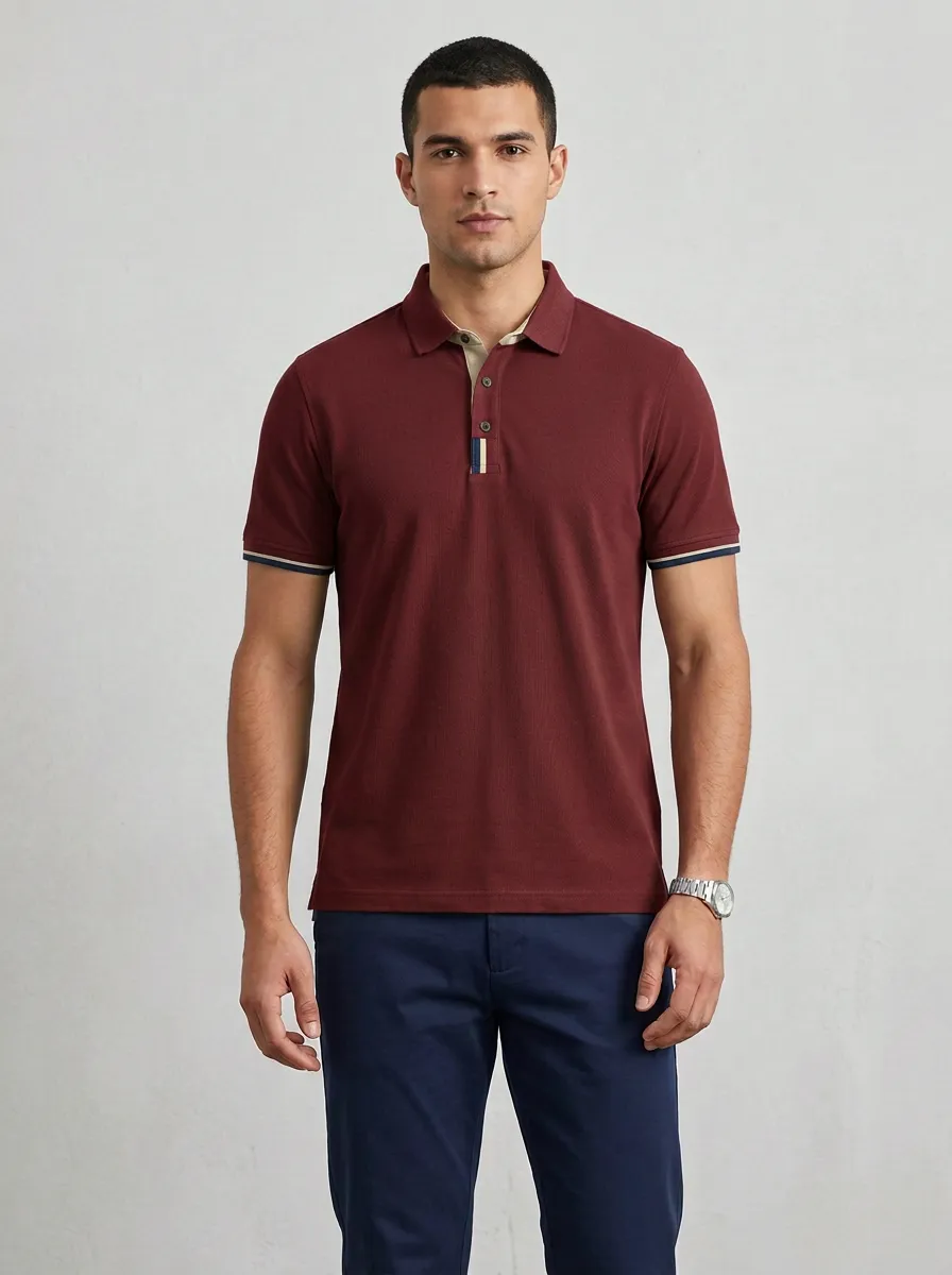 Men's Casual Green Contrast Trim Striped Placket Polo Shirt