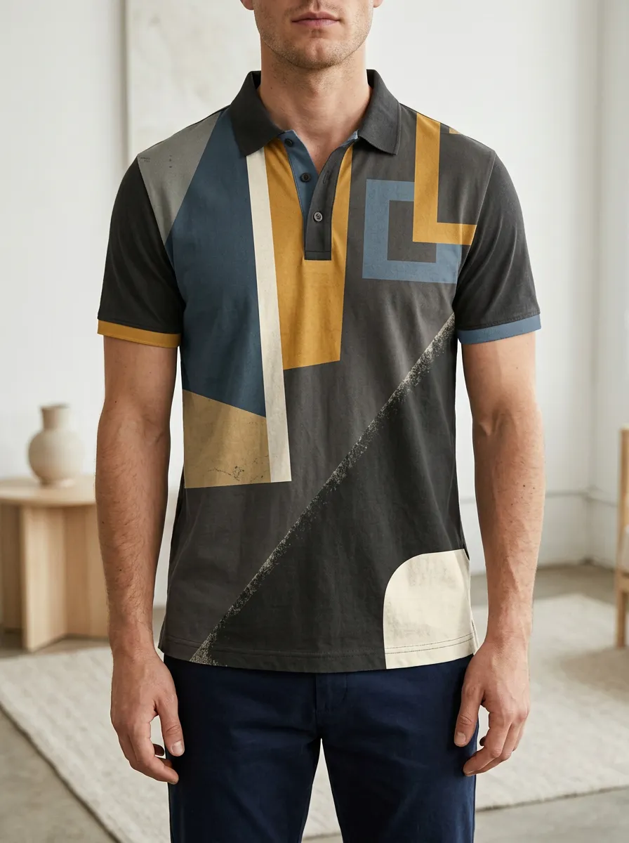 Men's Abstract Geometric Pattern Printed Polo Shirt