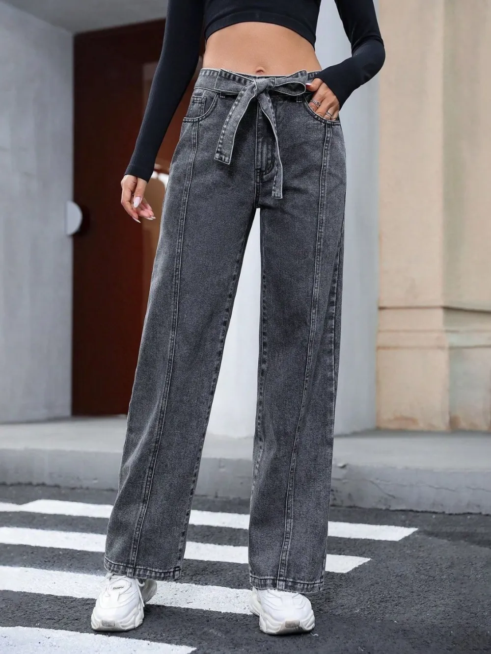 Tied Straight Leg Pocket Detail Denim Jeans