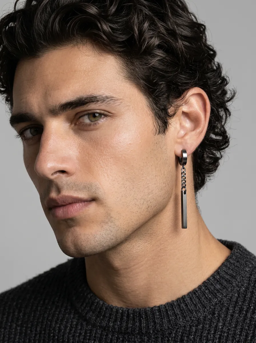 Men's Minimalist Metal Chain Bar Dangle Earrings