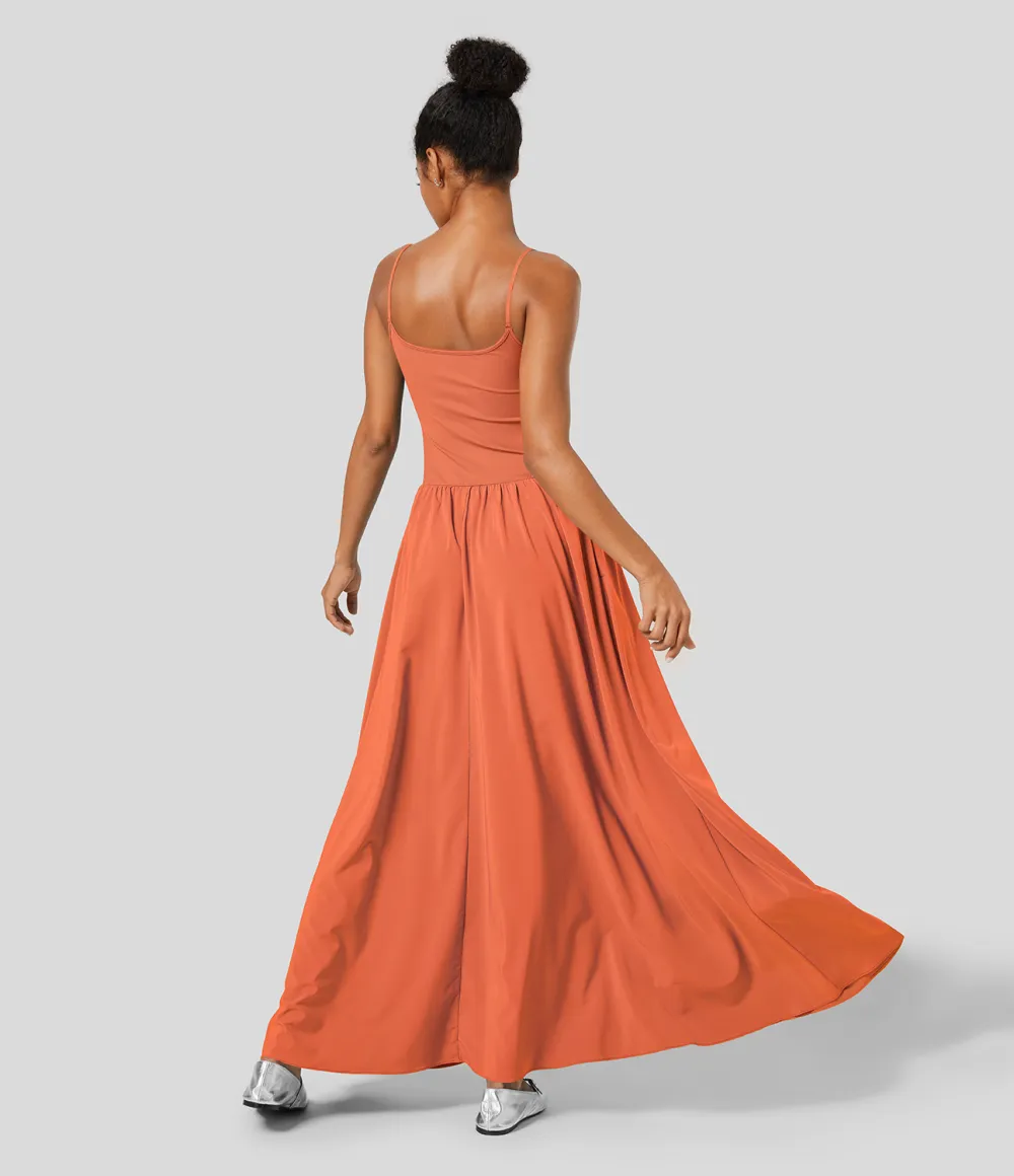 Breezeful Backless Side Pocket Plicated Flowy Flare Maxi Quick Dry Casual Slip Dress