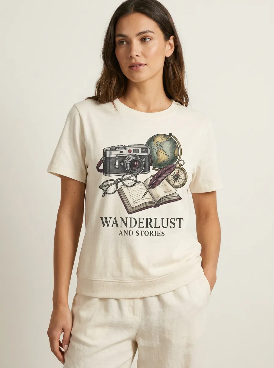 Women's Travel Wanderlust Camera Globe Graphic T-Shirt