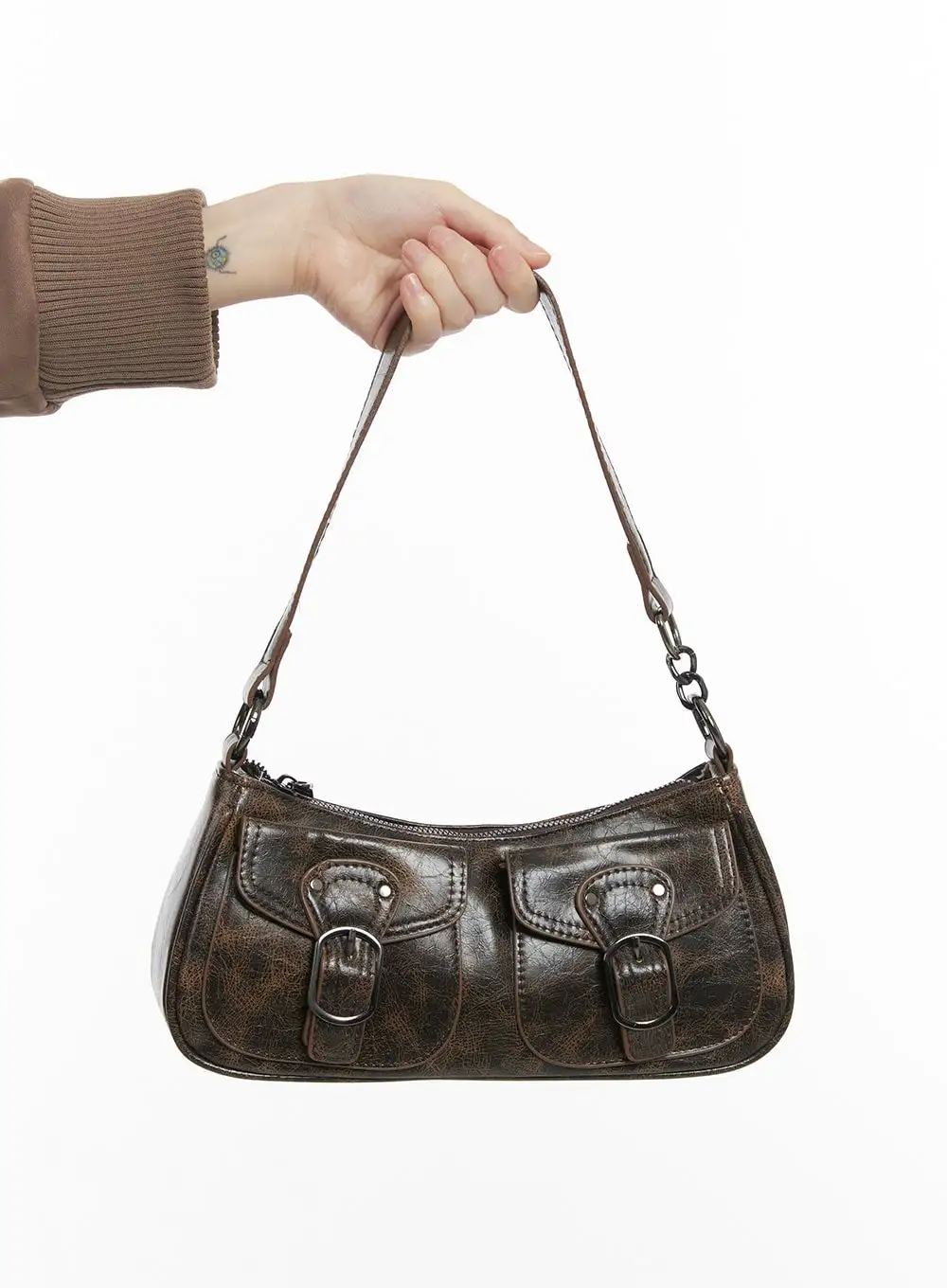 Pocket Detail Faux Leather Shoulder Bag