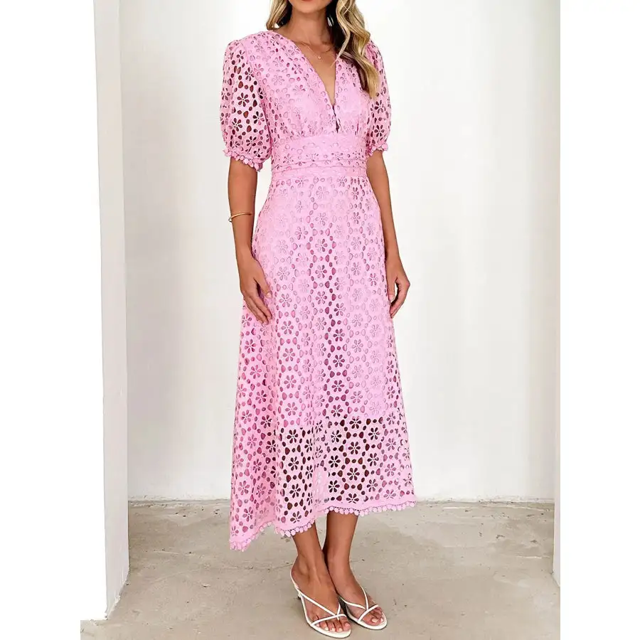 Eyelet Lace V-Neck Midi Dress with Puff Sleeves