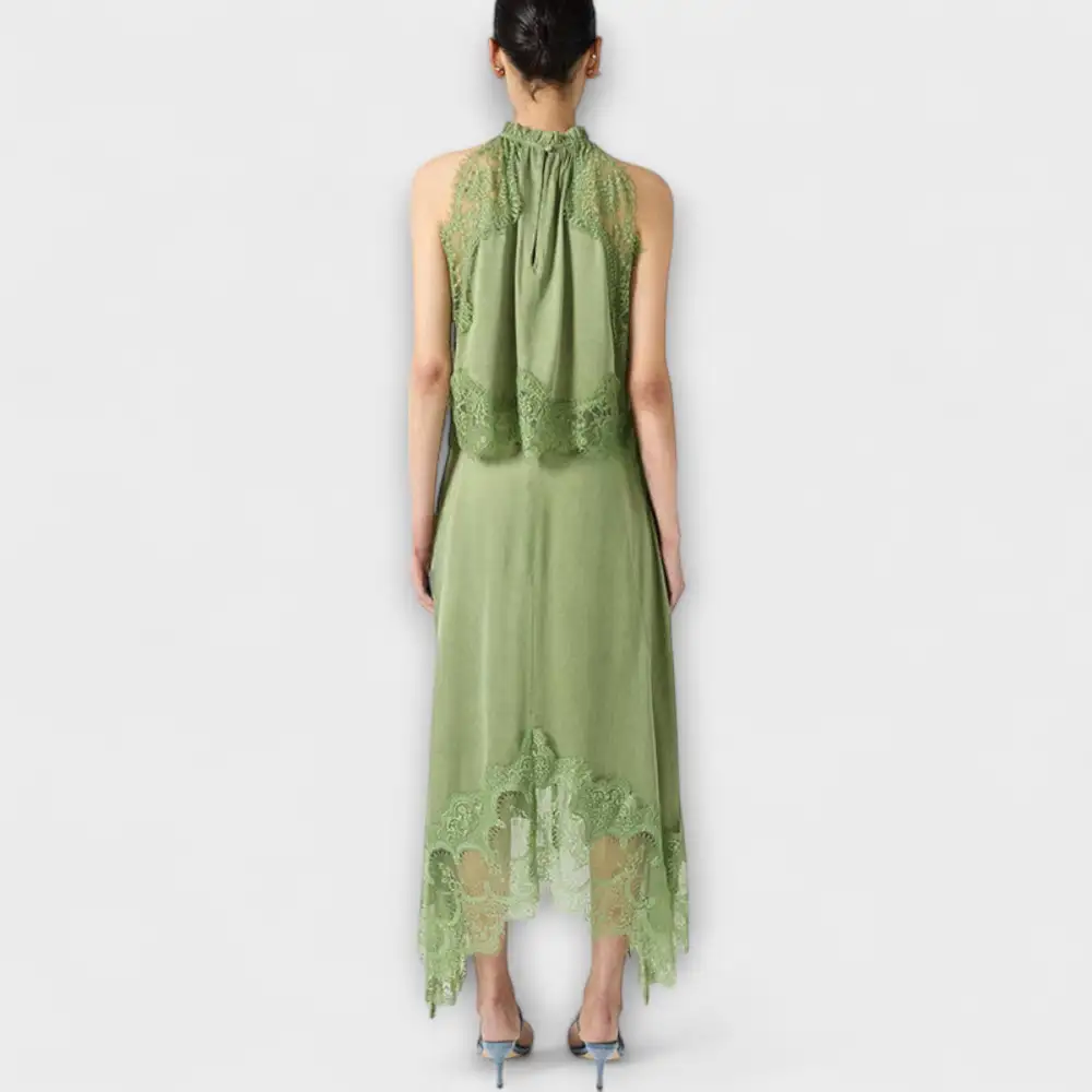Pleated Lace Satin Casual Dress