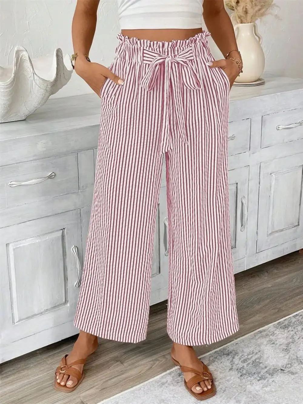 Wide Leg Paperbag Waist Striped Cropped Pants