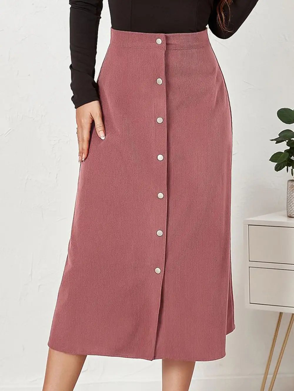 Corduroy Button Front Midi Skirt