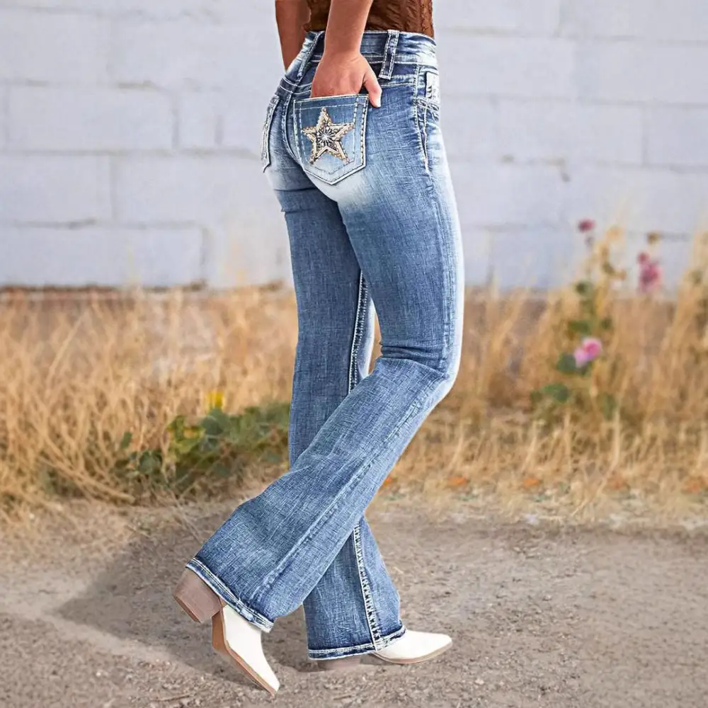 Women's Straight Leg Slim Fit Embroidered Jeans