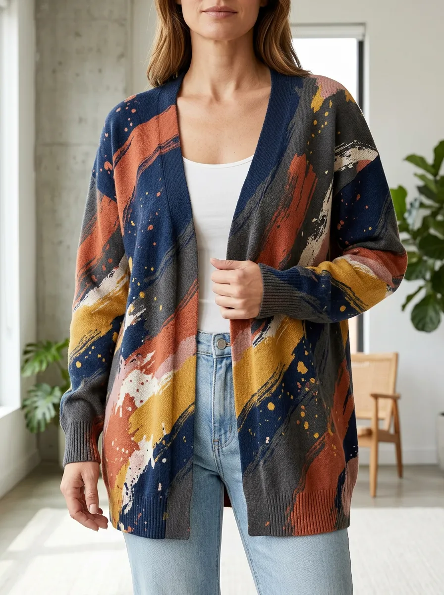 Women's Abstract Art Brushstroke Printed Open Front Weekend Layering Cardigan