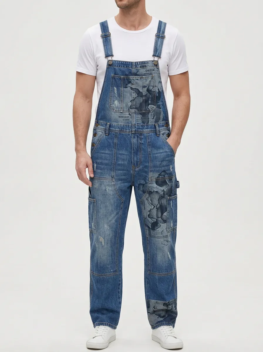 Graphic Print Denim Distressed Detail Overalls