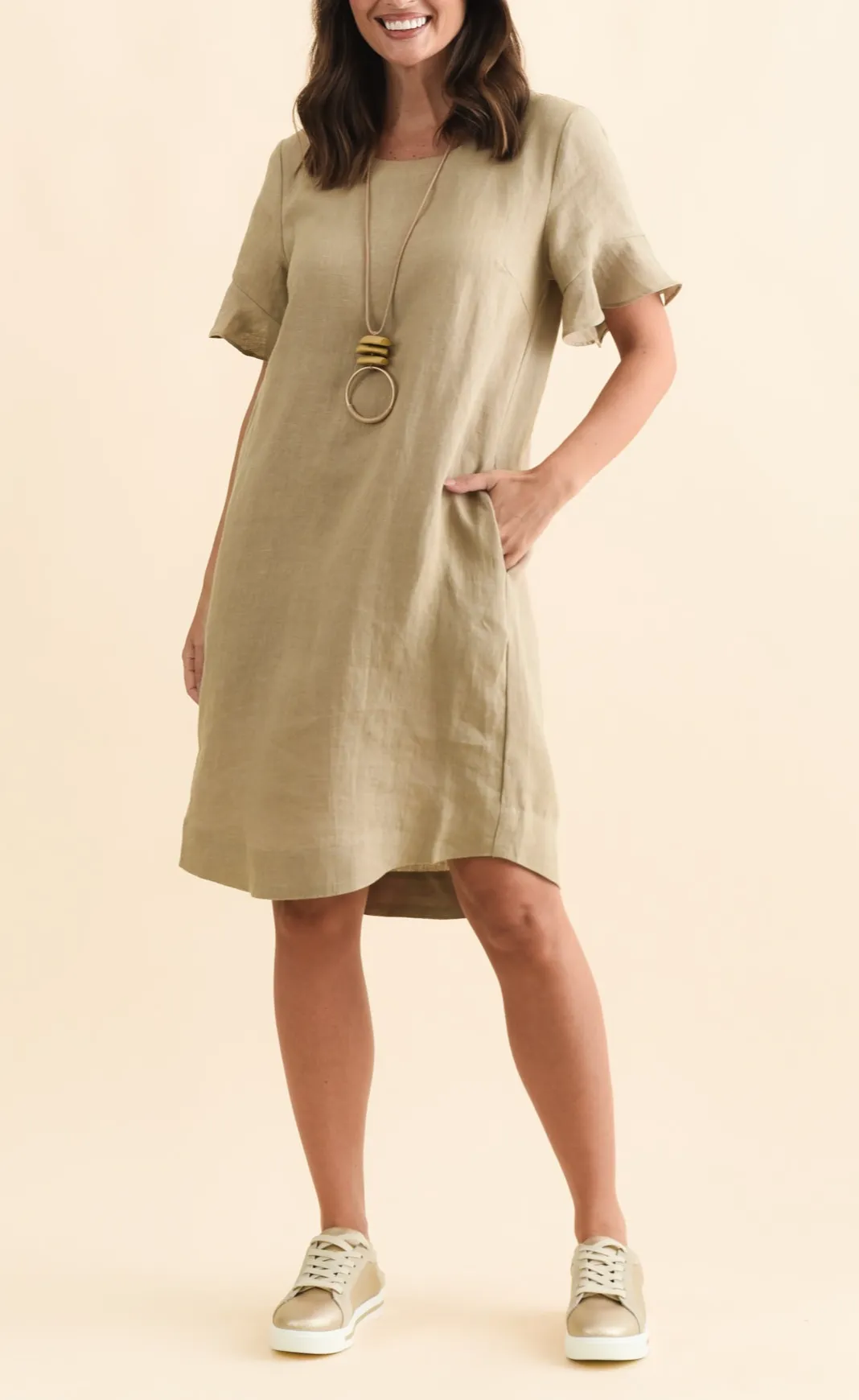 Linen Pocket Round-Neck Half-Sleeve A-Line Relaxed Above-Knee Dress