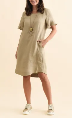 Linen Pocket Round-Neck Half-Sleeve A-Line Relaxed Above-Knee Dress