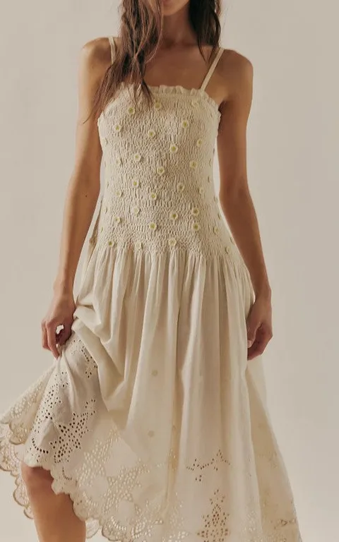 Cream Smocked Floral Tiered Maxi Dress