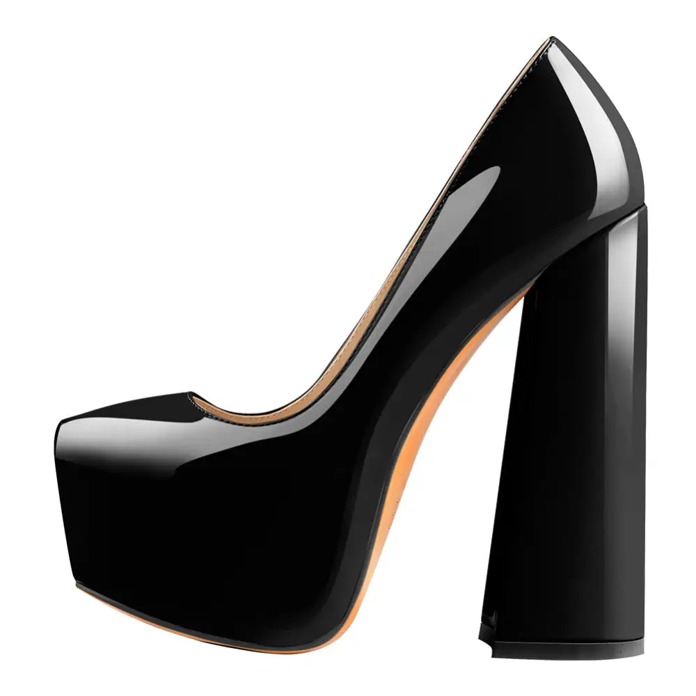 Sleek Patent Finish Pointed Toe Platform Chunky Heel Pumps