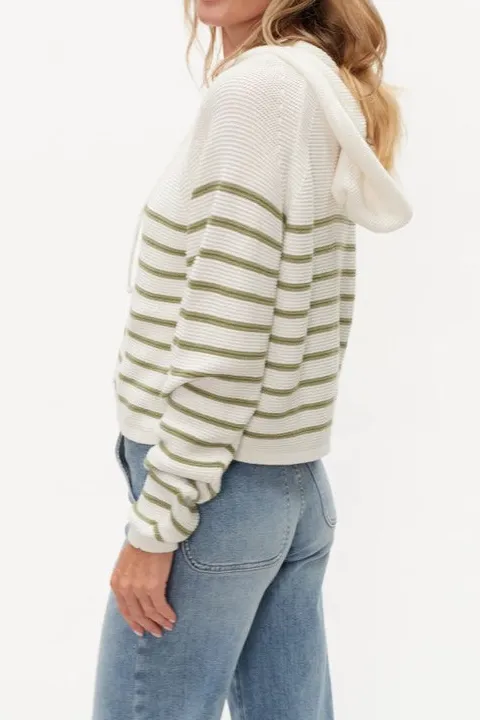 White Green Striped Button Front Knit Cardigan