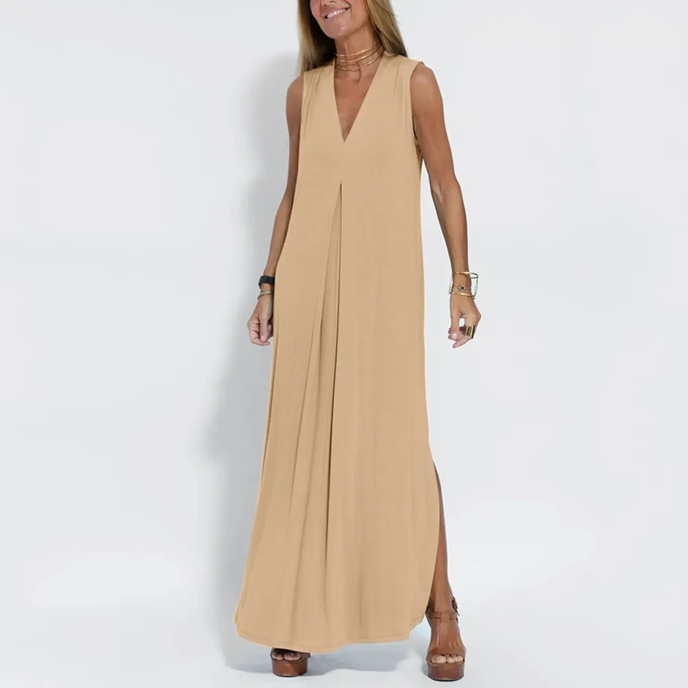 V-Neck Sleeveless Wrap Maxi Dress