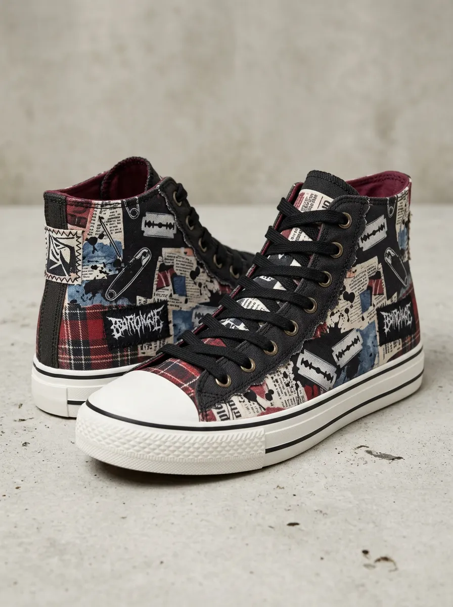 Men's Punk Rock Razor Blade Plaid Newspaper Printed Canvas Shoes