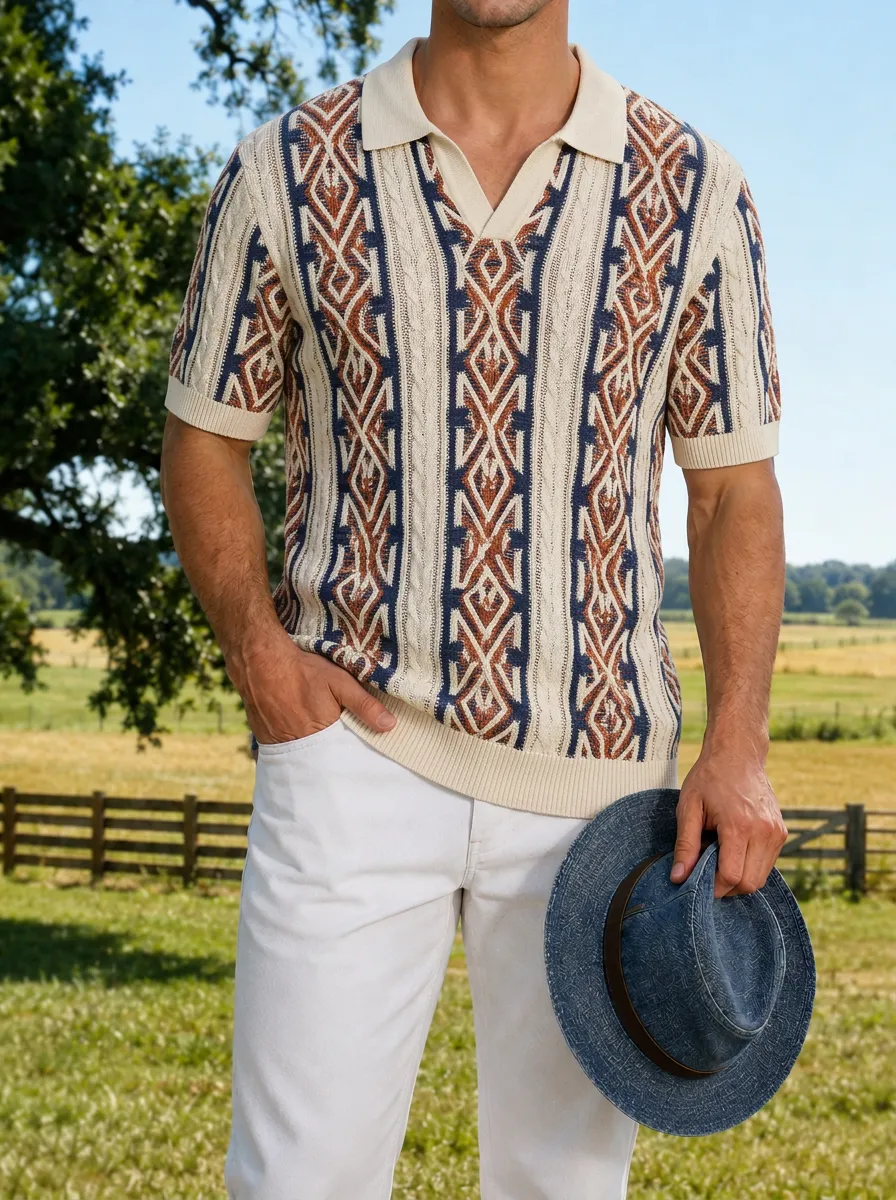 Men's Geometric Pattern Knit Polo Shirt with Cable-Knit Texture