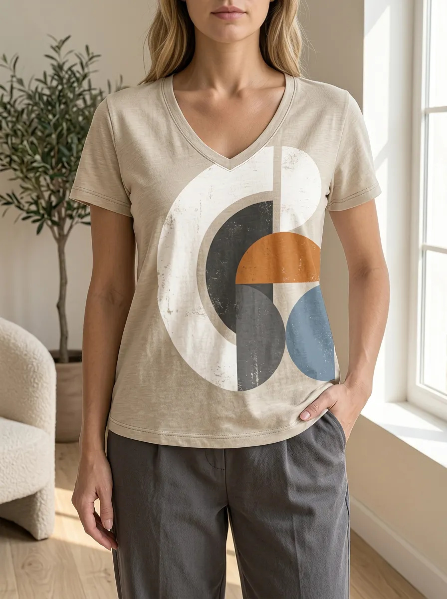Women's Dynamic Abstract Geometric Shape V-Neck T-Shirt