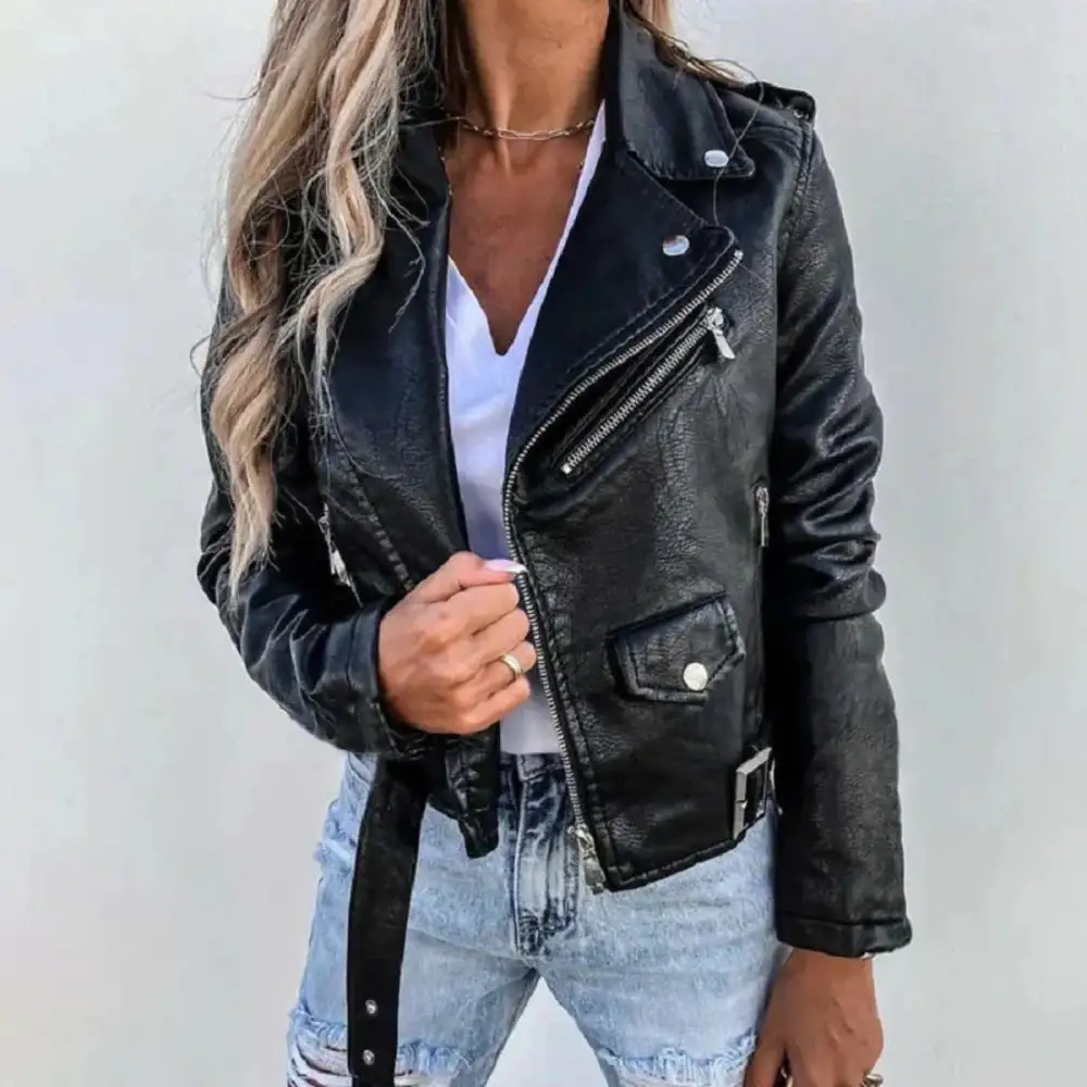 Cropped Faux Leather Asymmetric Zip Biker Jacket