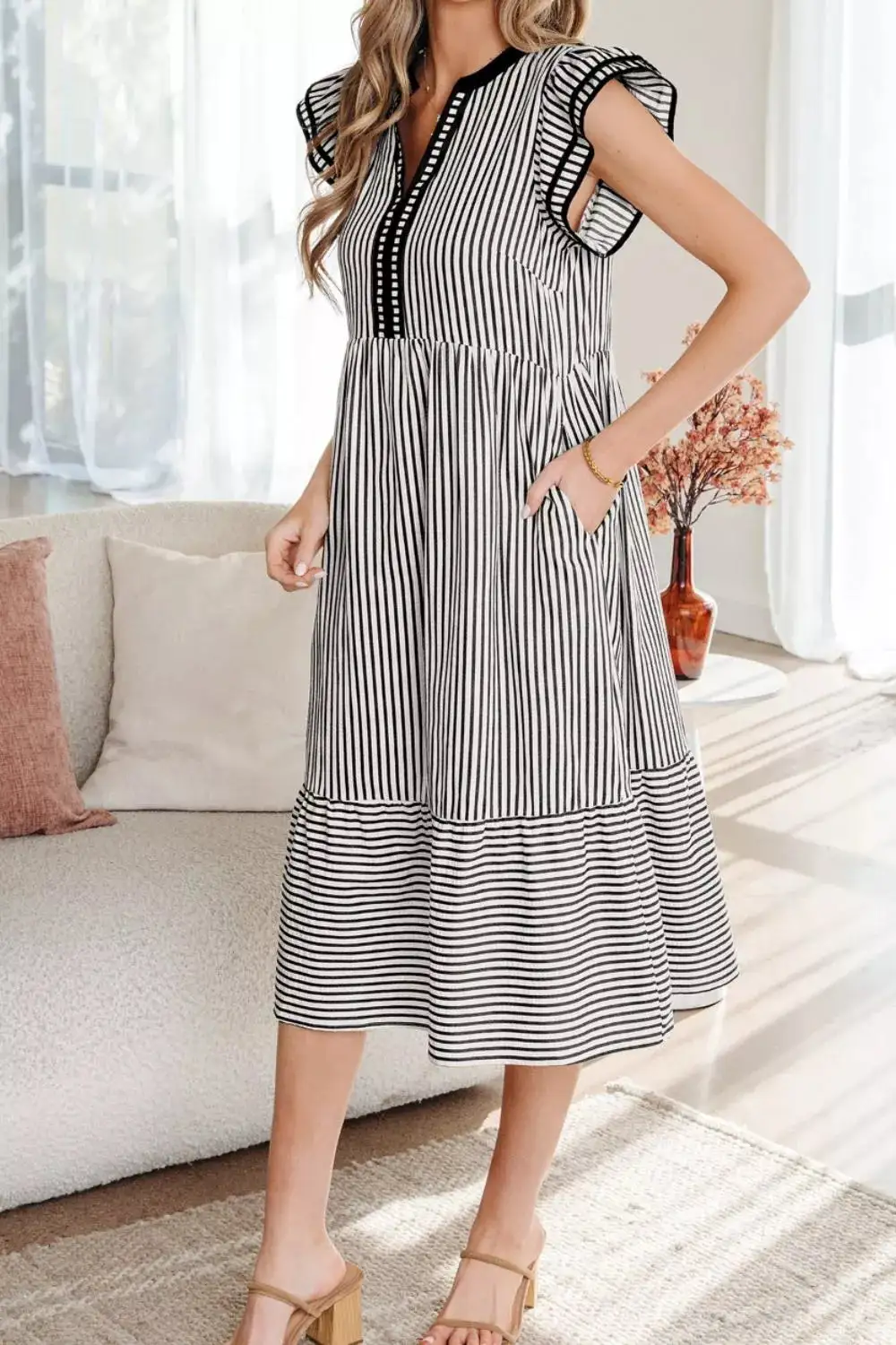 Striped Ruffle Sleeve Tiered Pocketed Midi Dress