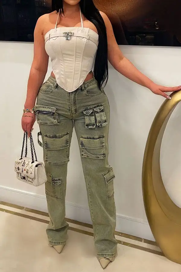 Green Distressed Washed Multi-Pocket Jeans