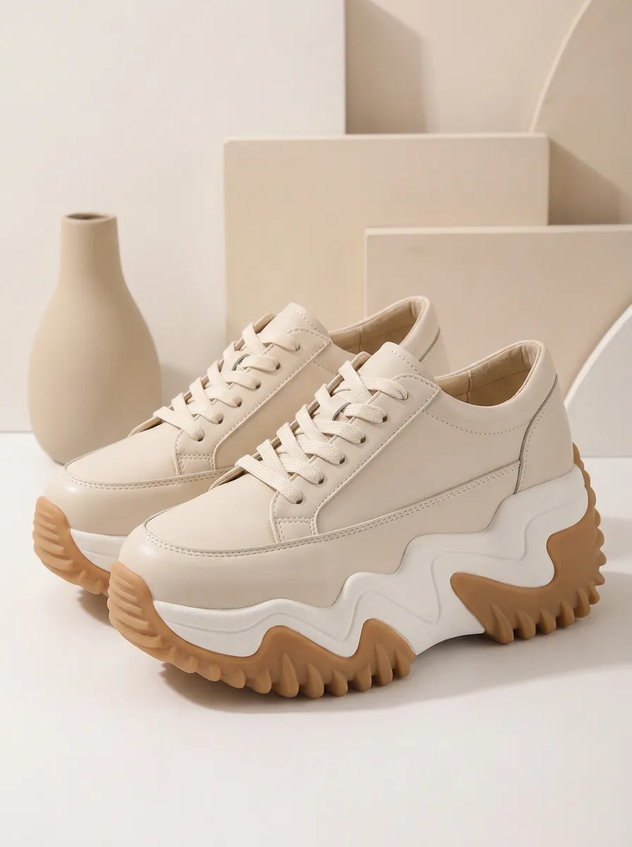 Lace-Detail Wavy-Sole Lace-Up Low-Top Women's Chunky Platform Shoes