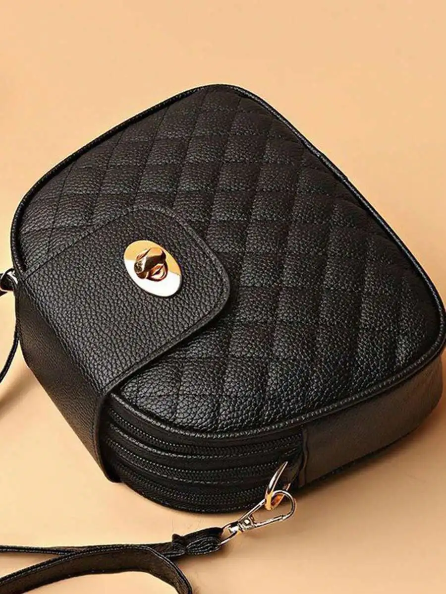 Mini Circle PU Handbag – Beaded Pearl & Geometric Plaid Design
