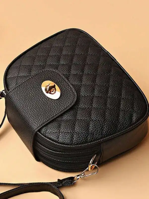 Mini Circle PU Handbag – Beaded Pearl & Geometric Plaid Design
