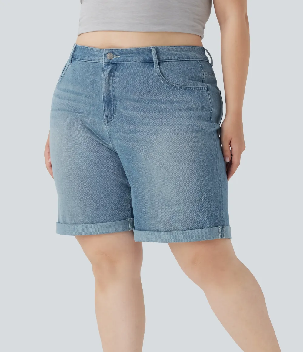  High Waisted Multiple Pockets Rolled Hem Washed Stretchy Knit Denim Casual Plus Size Bermuda Shorts