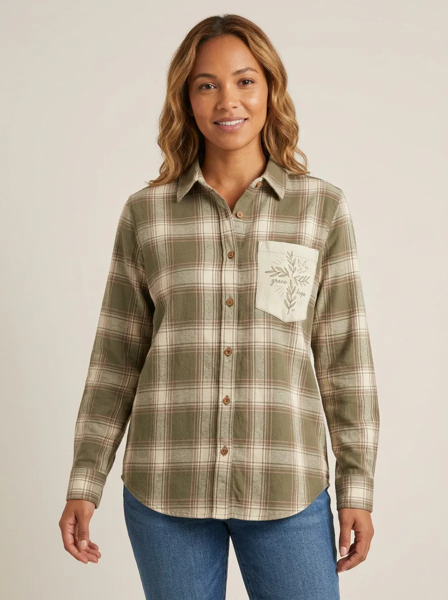 Women's Faith Lover Grace Hope Floral Pocket Printed Flannel Shirt
