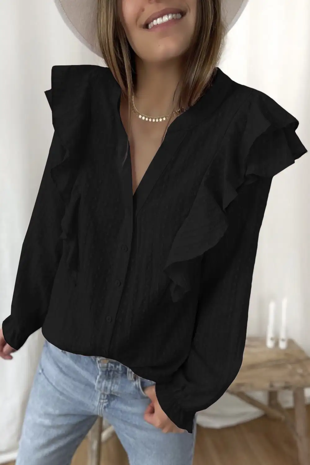 Dotted Texture Sheer Ruffles Bubble Sleeves Shirt