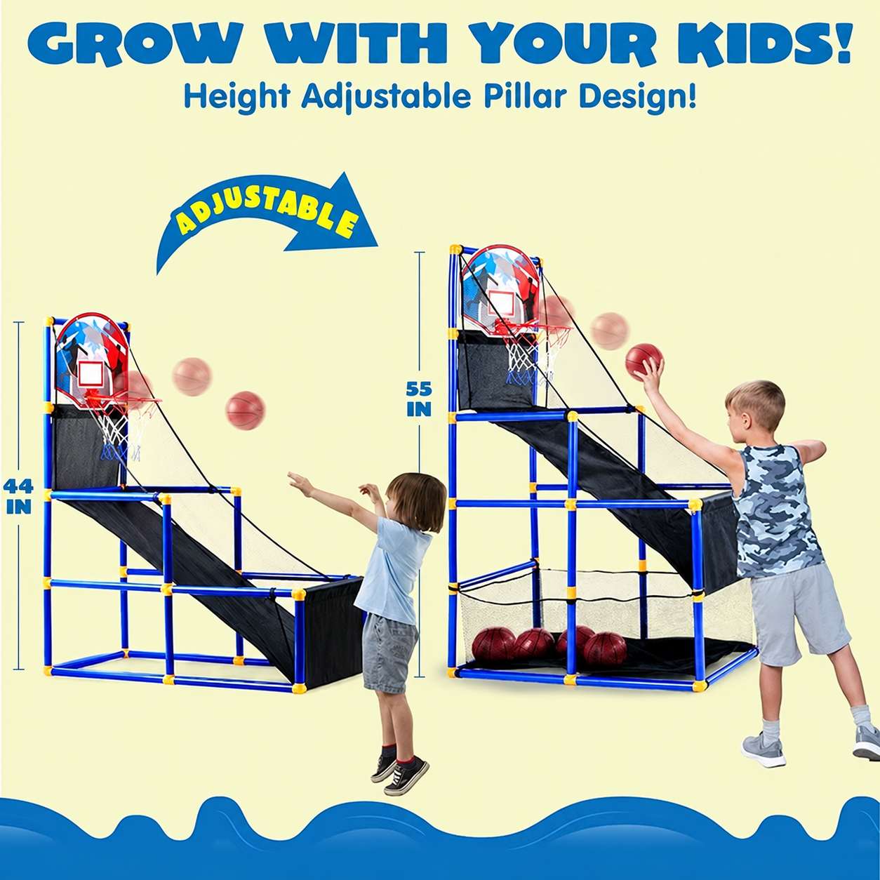 Two height positions shown for the basketball game set